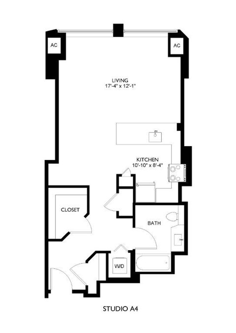 A black and white drawing of a floor plan for a studio apartment.